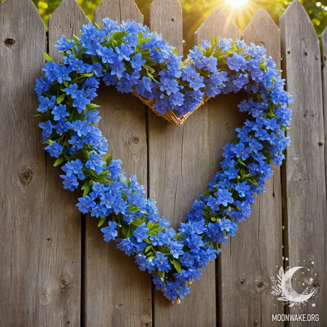 Крупный план старого деревянного забора с венком в форме сердца из голубых цветов, который висит на нем, освещенный солнечными лучами.