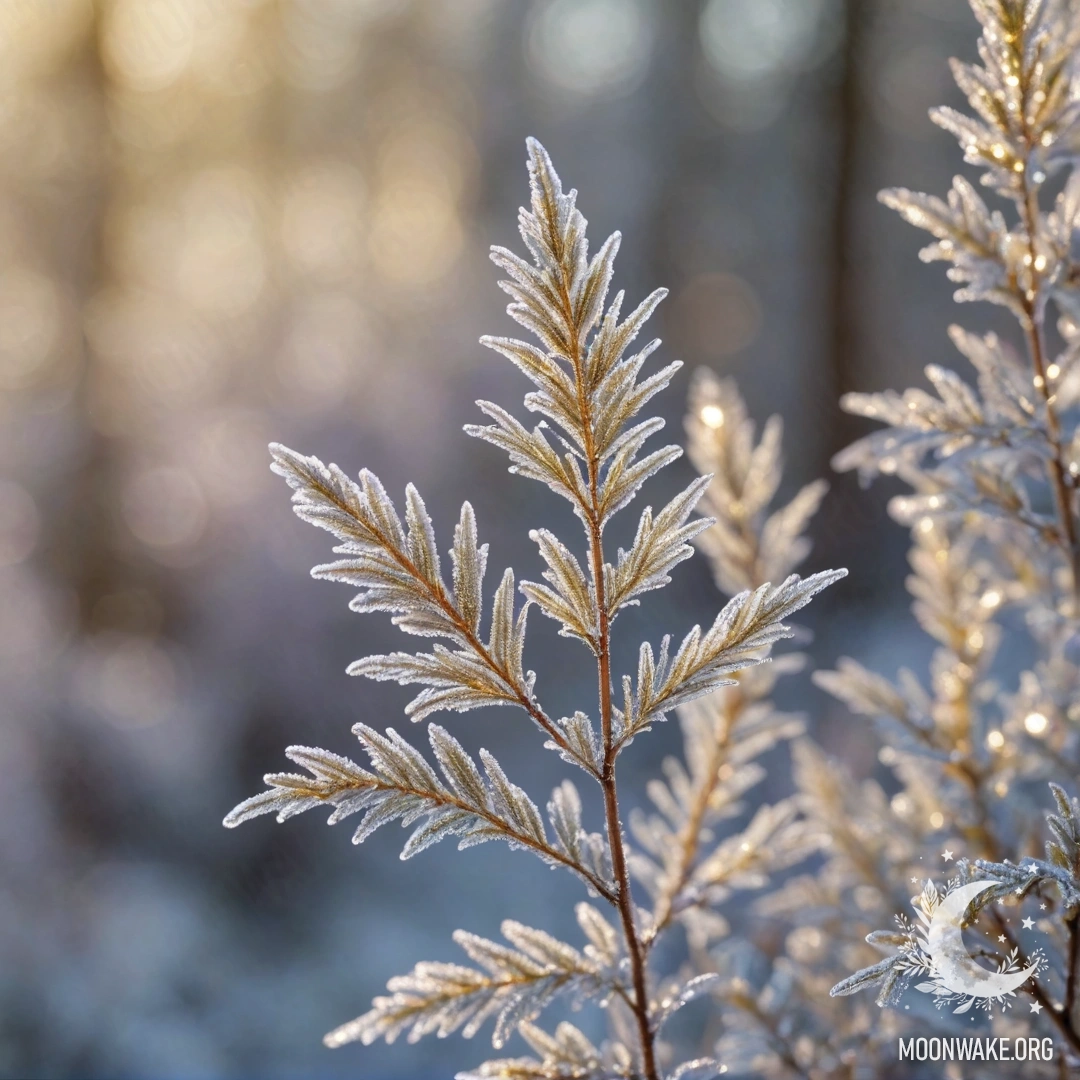 Группа вереска, покрытая инеем, сверкающая на солнце с золотыми блестками.