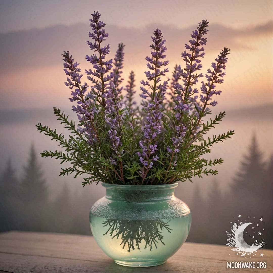 Ваза, наполненная вереском мятного цвета, окруженная туманом на закате.