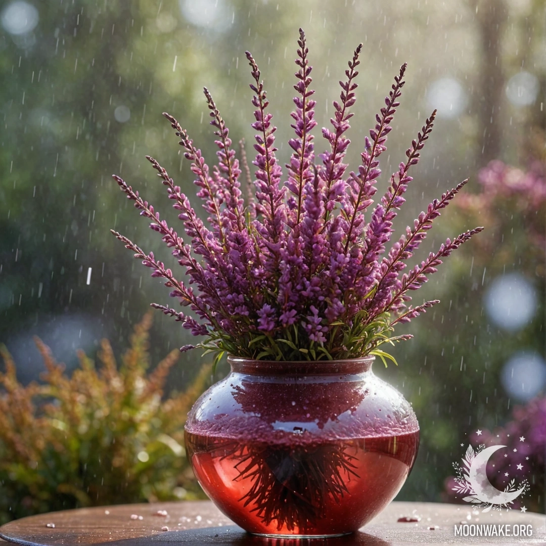 Ваза с вереском, окруженная туманом и дождем, освещенная солнечными лучами.