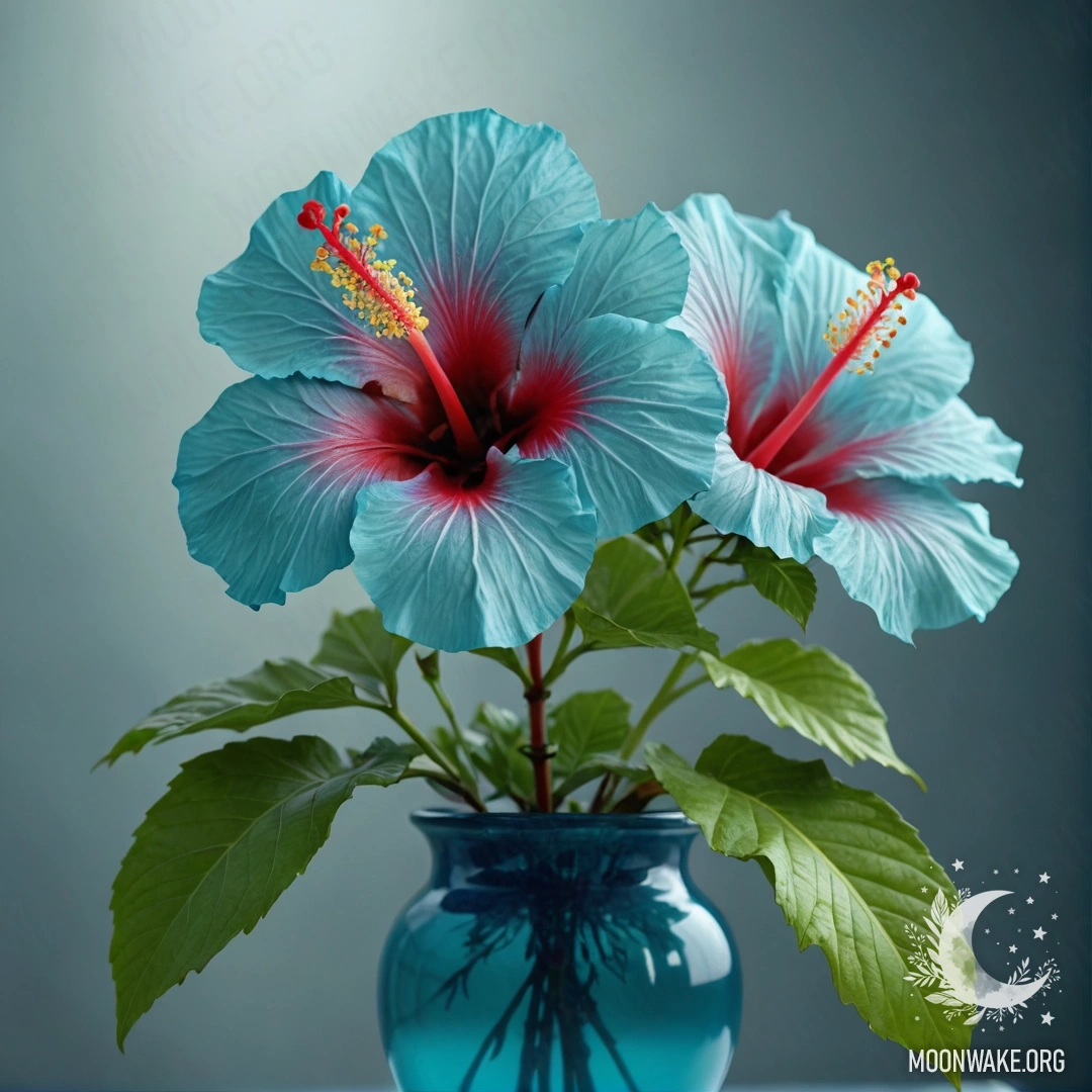 Красивый цветок гибискуса в вазе зеленовато-голубого цвета, окруженной туманом.