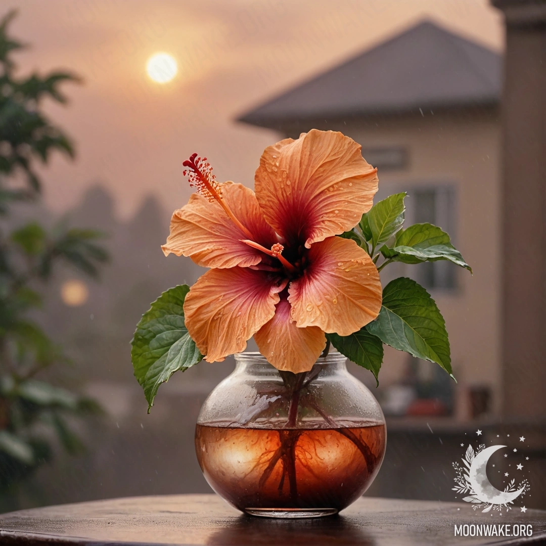 Нежный цветок гибискуса в вазе, окутанный туманом и дождем на закате, изображенный в теплых кофейных тонах.