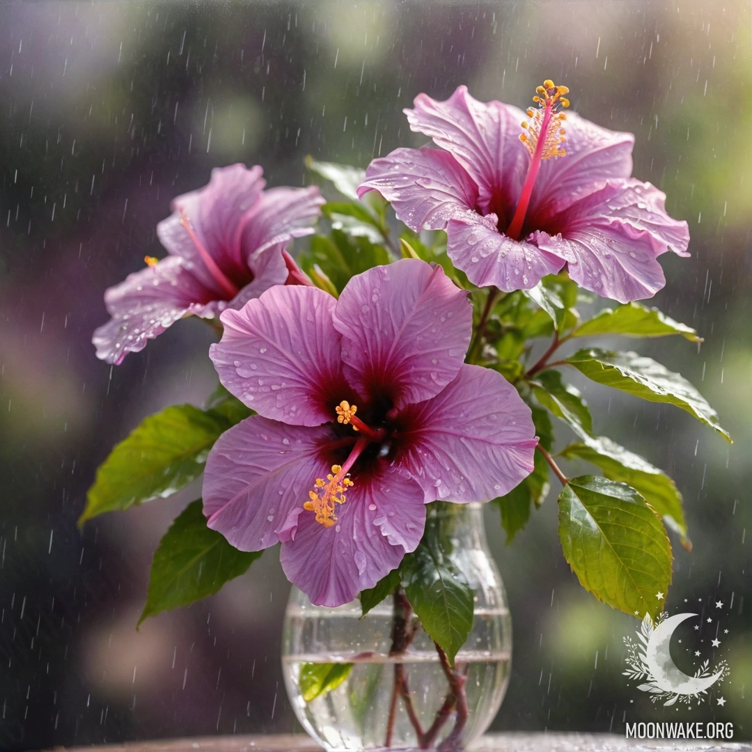 Фиолетовый цветок гибискуса в вазе под легким дождем с солнечными лучами.