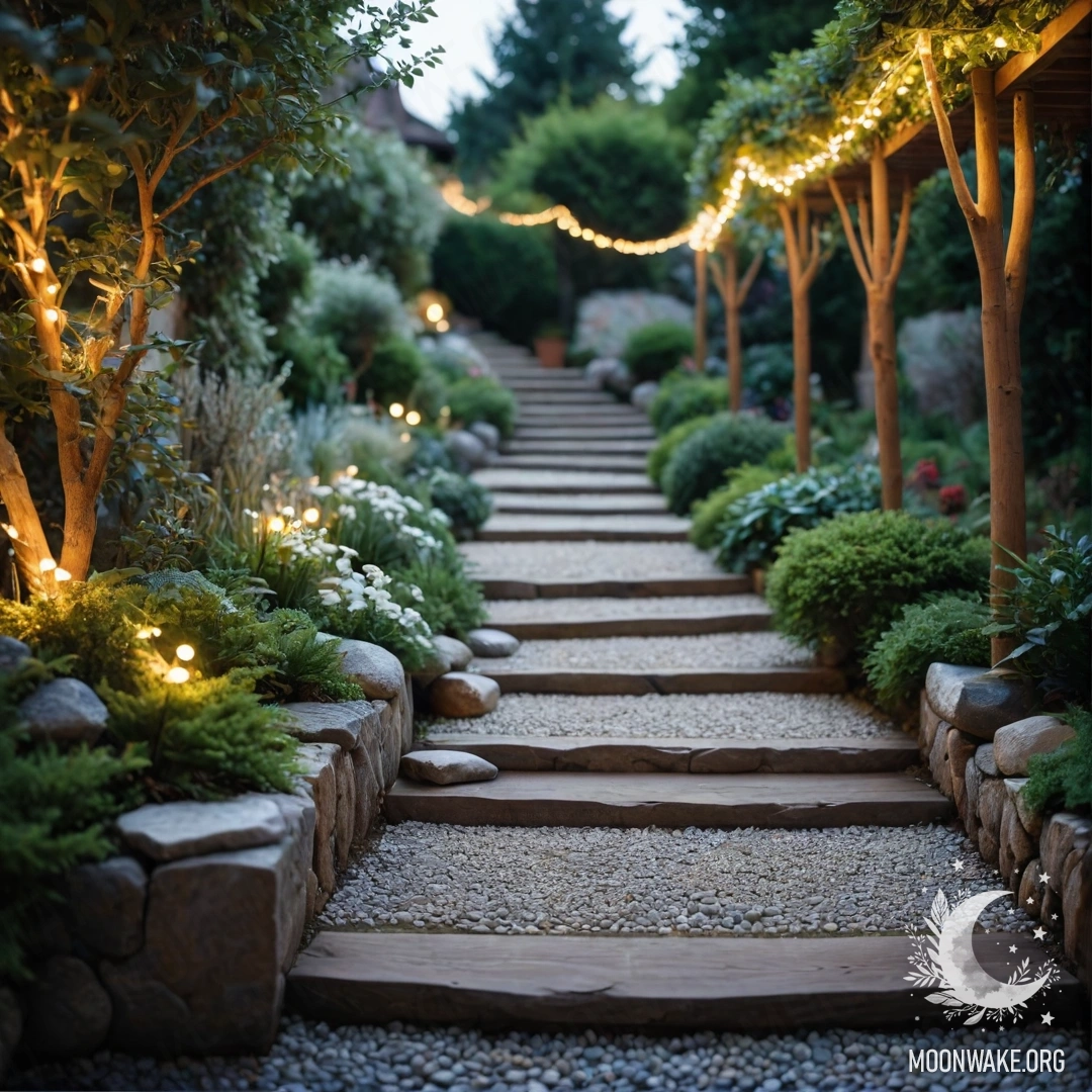 Нежная садовая дорожка из камней, украшенная светящимися гирляндами и деревянной лестницей.