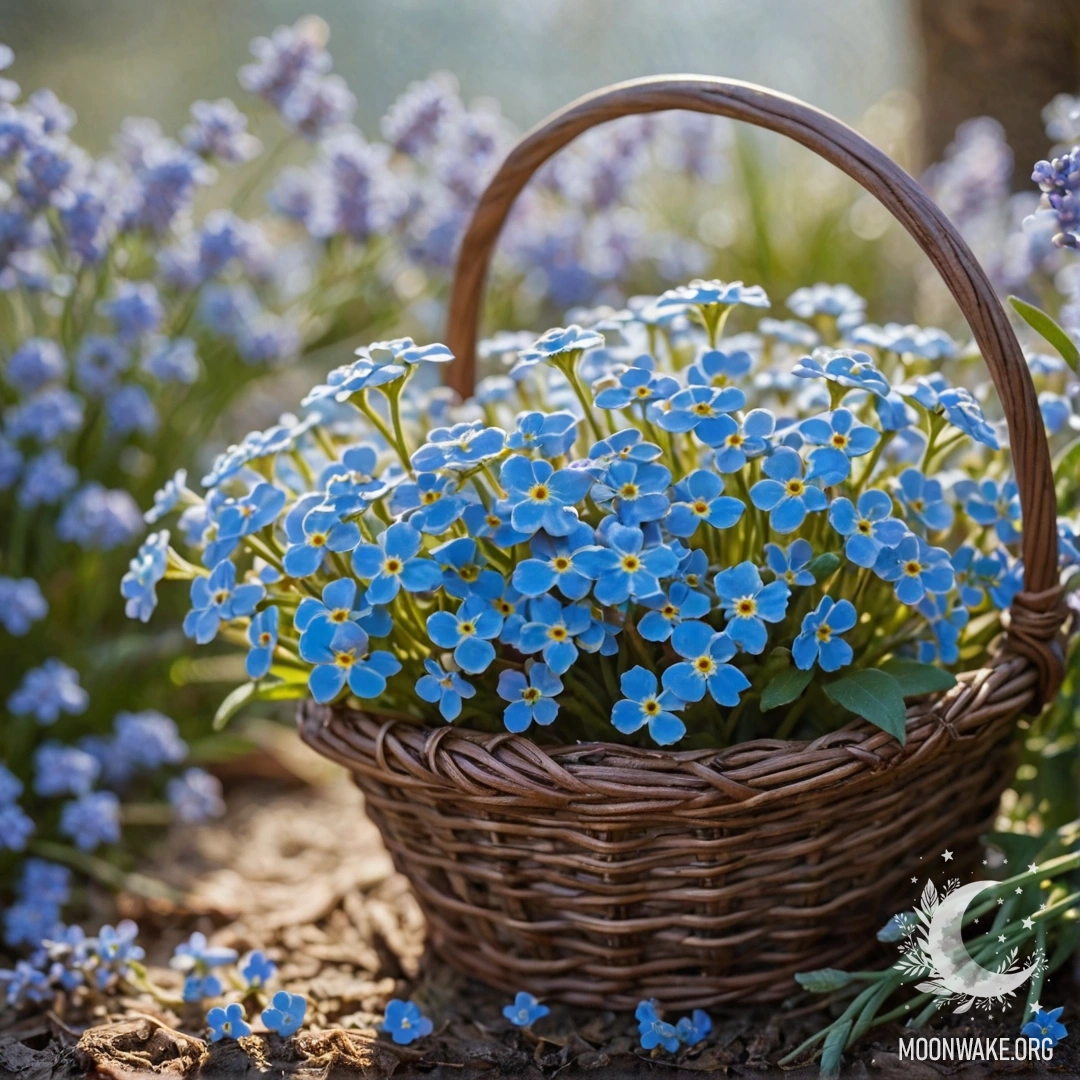 Корзина, наполненная лаванды незабудками, сверкающими в морозном солнечном свете.