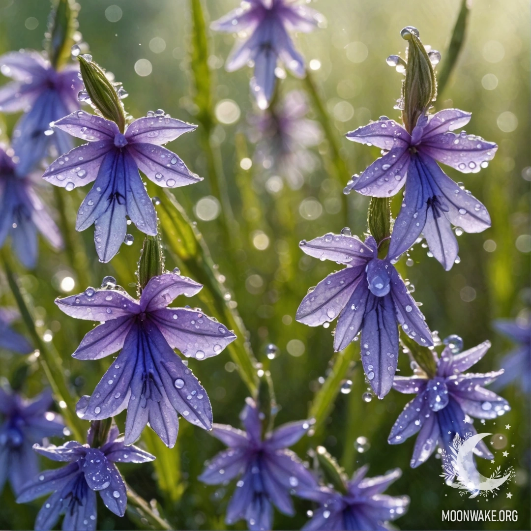 Нежная лобелия цвета лаванды, украшенная сверкающими каплями росы под солнечными лучами.