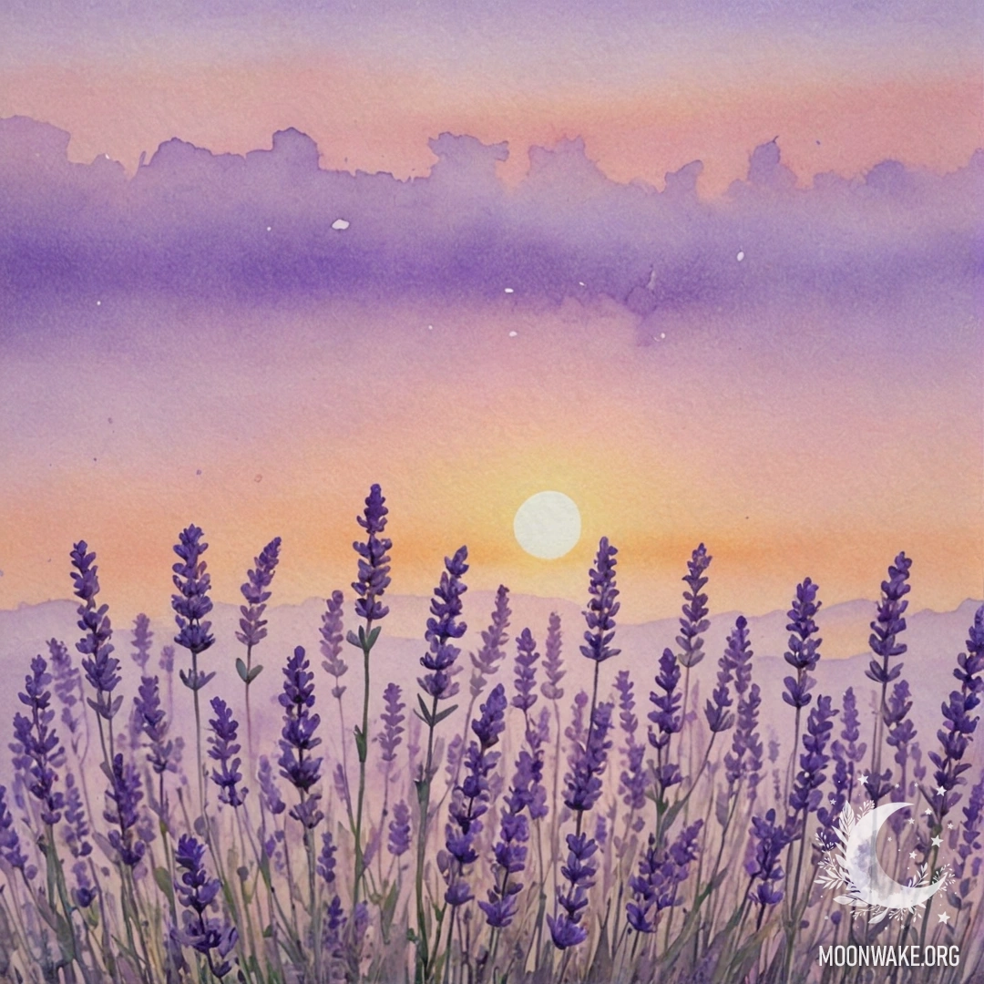 Акварельная картина с лавандой в тумане на закате, с кремовыми и желтыми узорами.