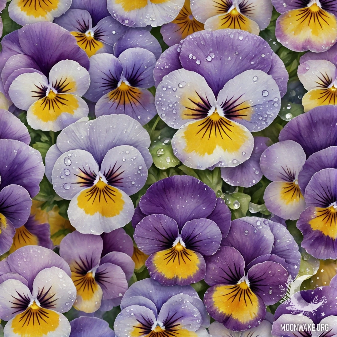 Акварельная картина, изображающая красивые лавандовые анютины глазки, украшенные росинками и пайетками.