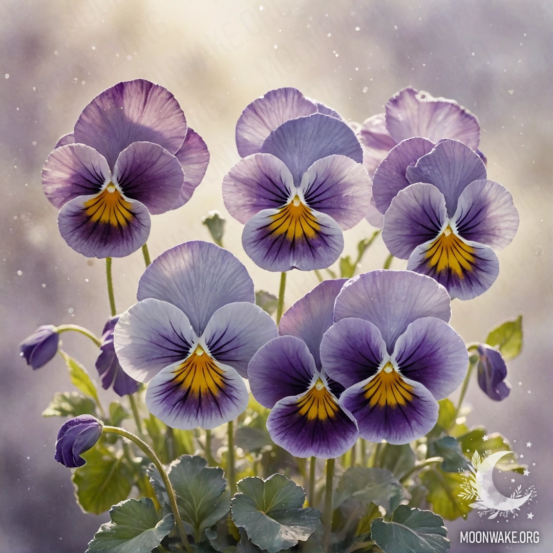 Акварельная картина, изображающая лавандовые фиалки в тумане с солнечными лучами и блестками.