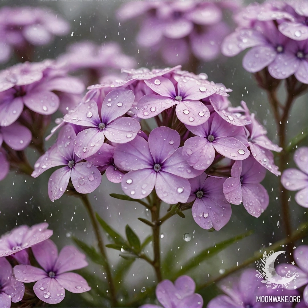 Красивая акварельная картина с лавандовыми флоксовыми цветами, покрытыми дождем и украшенными бусинами.