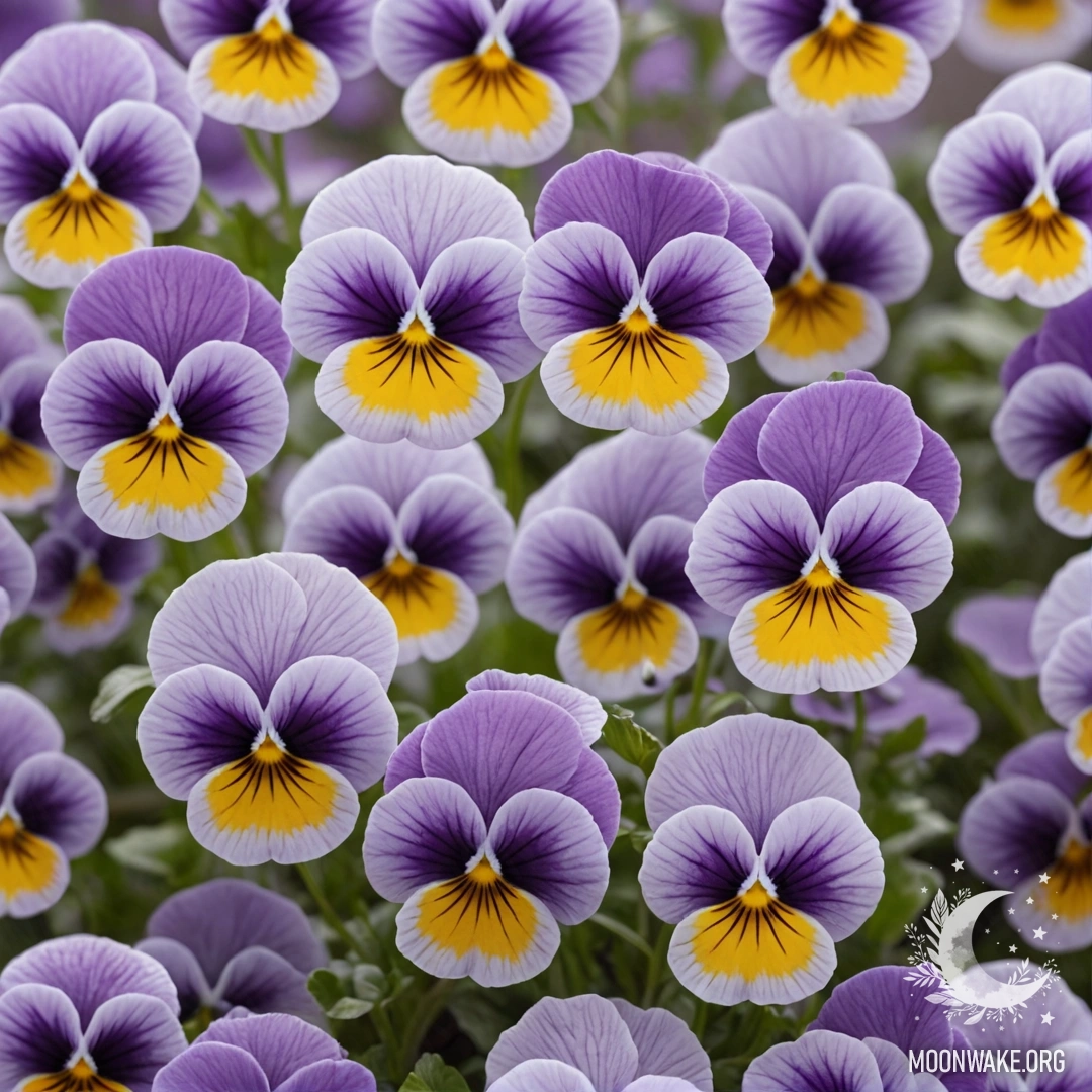 Сказочный пейзаж с фиалками лавандового цвета, окружёнными туманом.