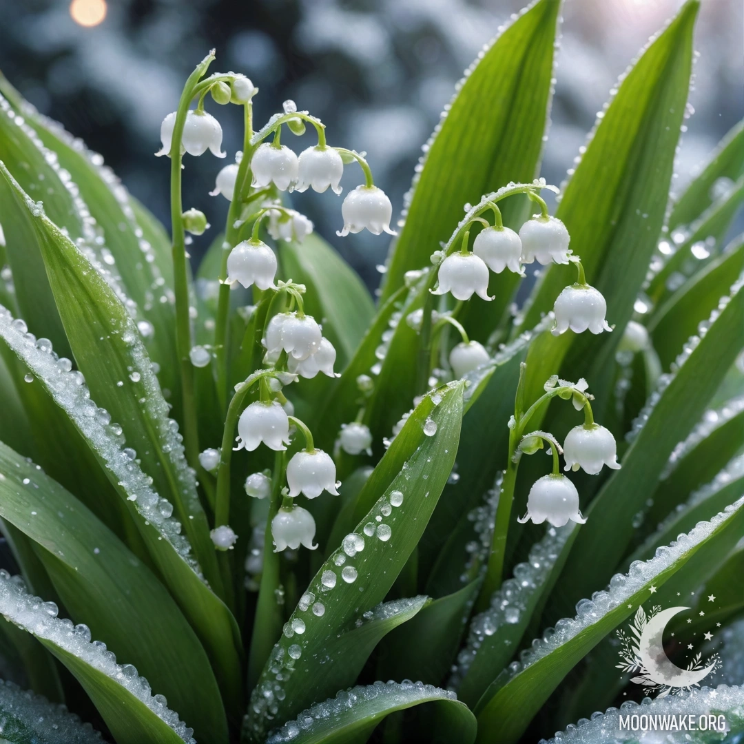 Нежная лилия долины, покрытая морозом и рифлеными камнями.
