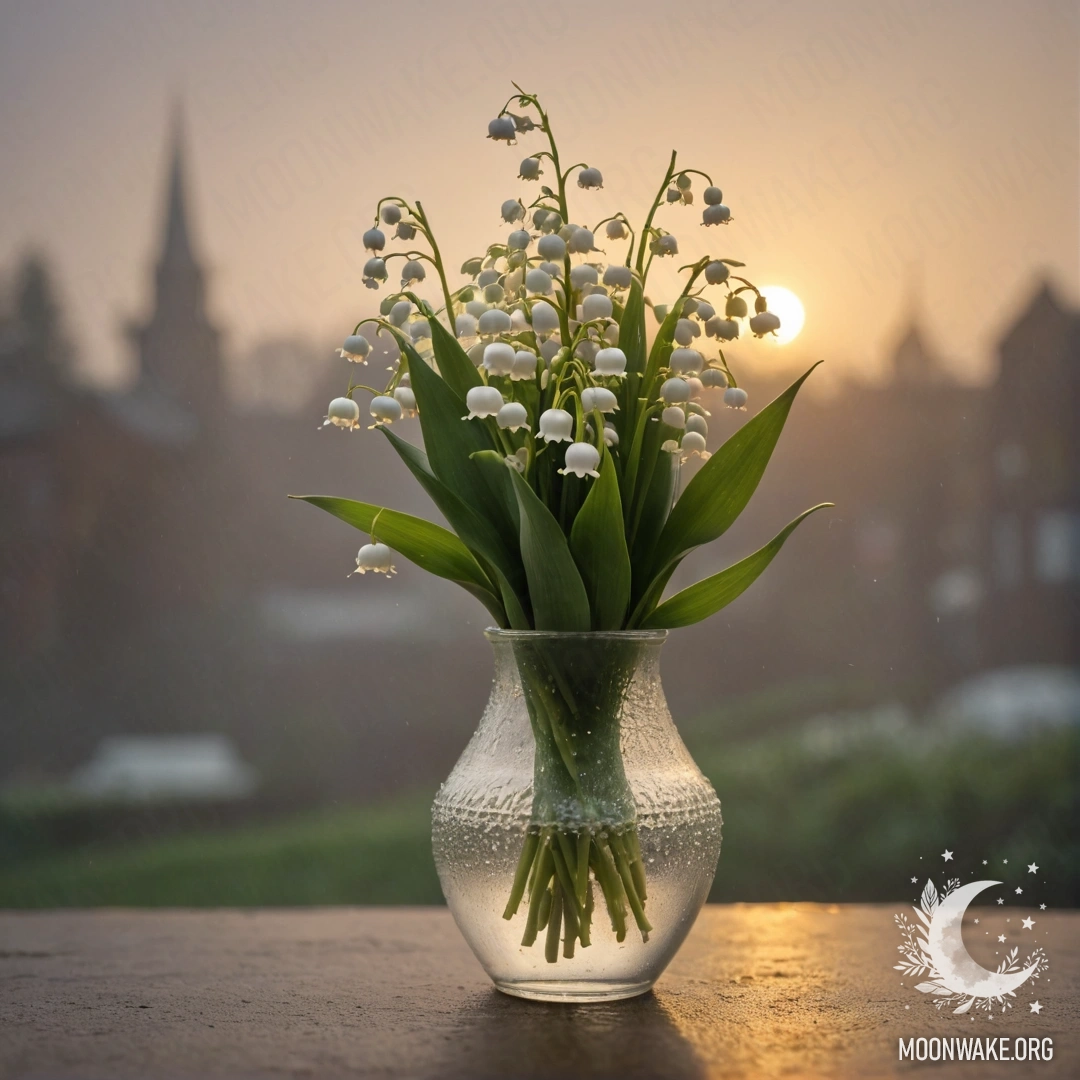 Золотая ваза с цветами лилии долины в окружении тумана и дождя на закате.