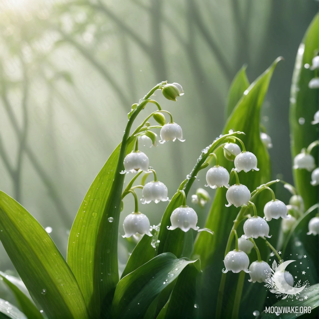 Красивая лилия долины, окружённая туманом и солнечными лучами.