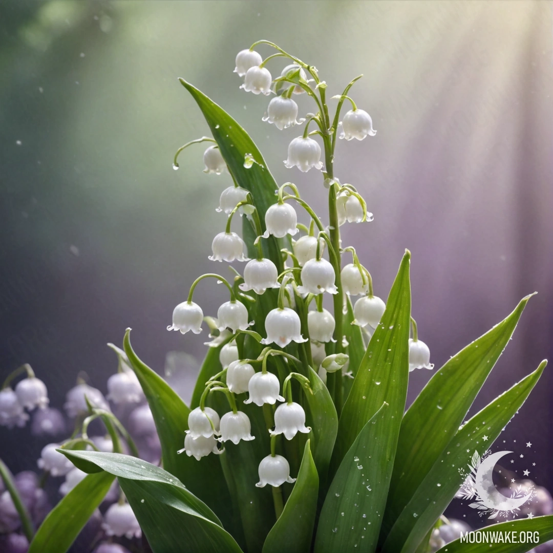 Нежная фиолетовая лилия дружбы, цветущая в тумане, освещенная солнечными лучами и блестками.