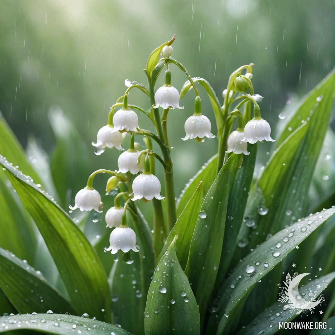 Нежный цветок ландыша в окружении тумана и капель дождя.