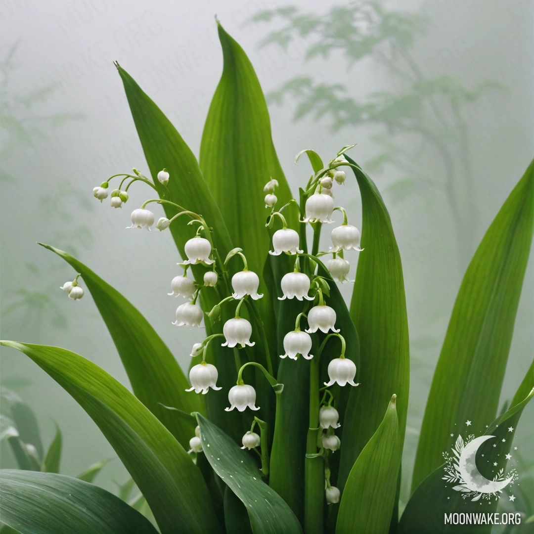 Спокойный образ цветов ландыша, выходящих из туманного фона, символизирующих спокойствие и красоту.