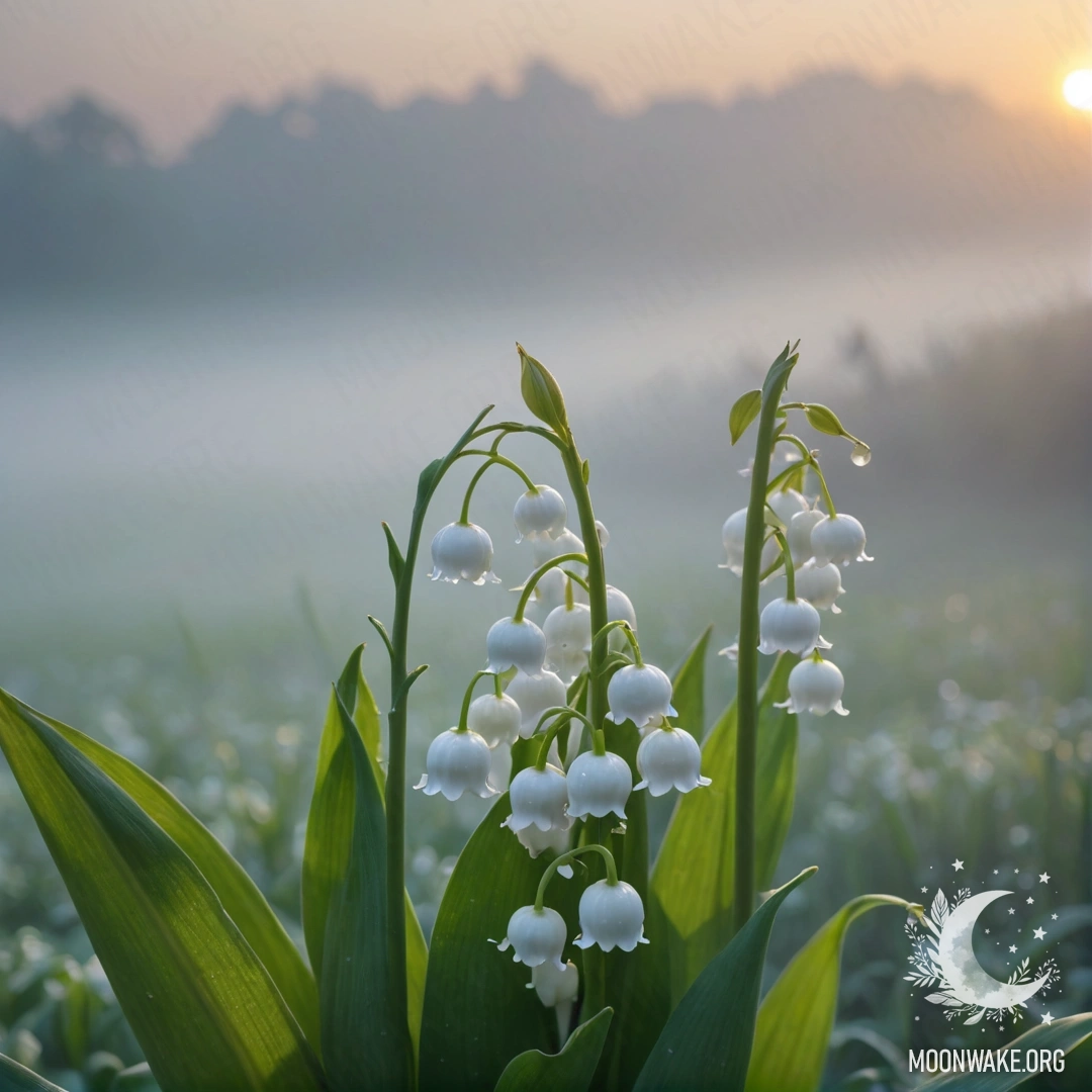 Букет нежных лилий в долине тумана на закате с мягким голубым небом на заднем плане.