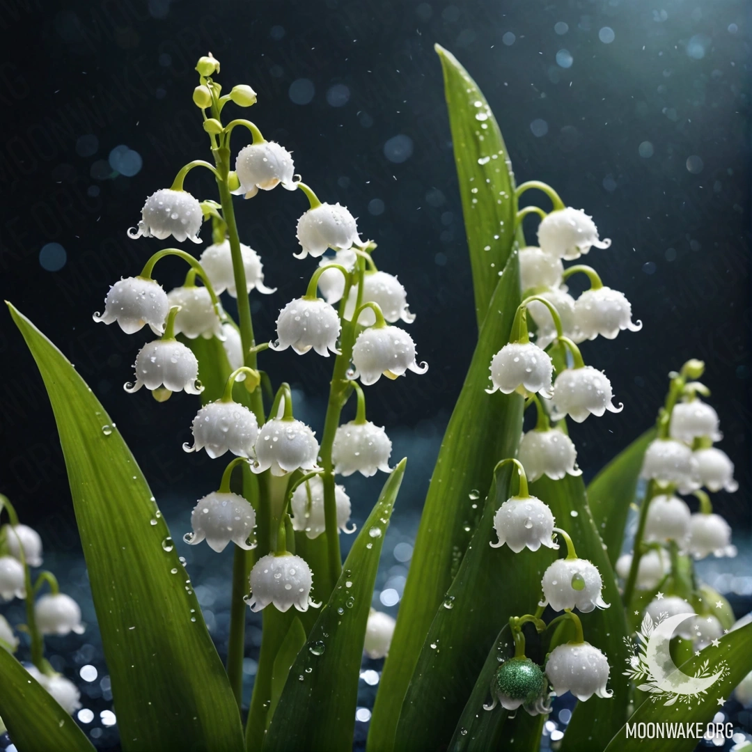 Нежная лилия долины, окруженная туманом ночью, сверкающая блестками морских тонов.