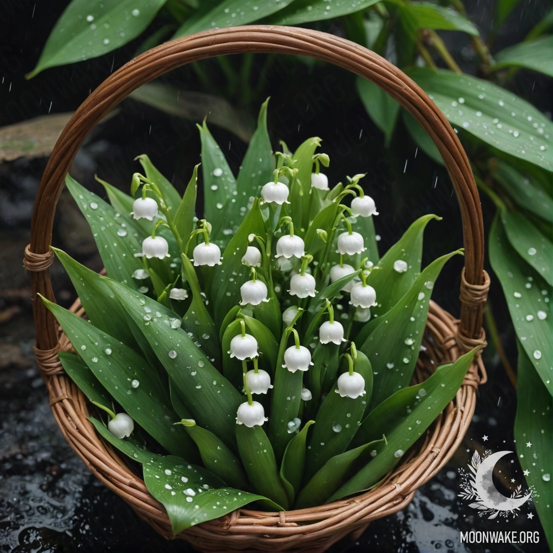 Корзина, полная зеленых цветов лилии долины, влажных от дождя.
