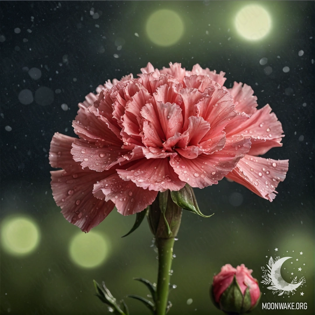 Нежная гвоздика лаймового цвета, украшенная каплями росы на ночном фоне.