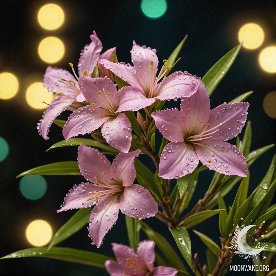 Крупный план нежного олеандра с пайетками лаймового цвета, мягко сверкающего в ночи.