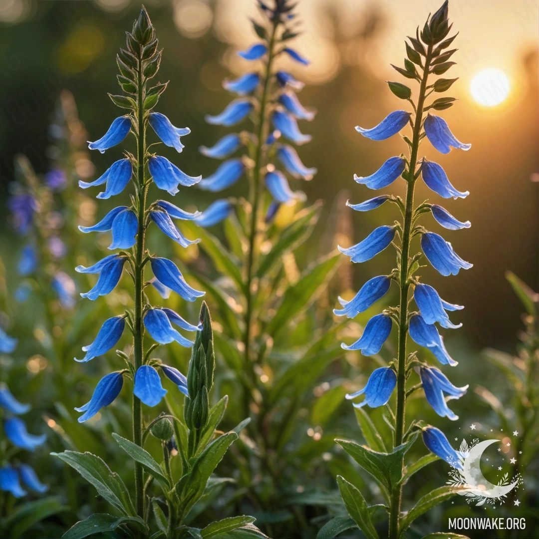 Красивая зелёная лобелия, цветущая на закате и украшенная пайетками.
