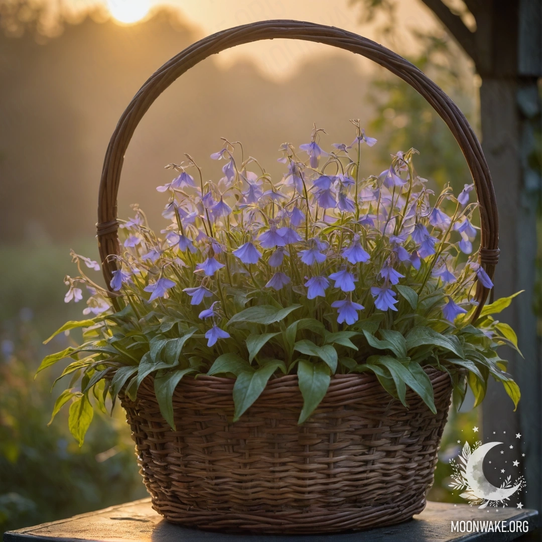 Корзина с лобелией лаймового цвета, окруженная туманом на закате.