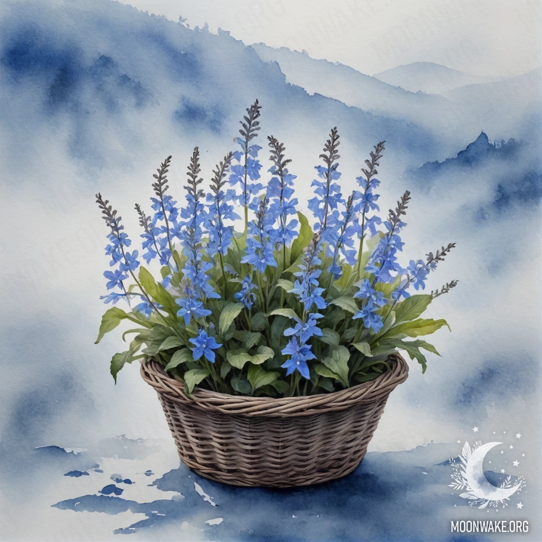 Нежная корзинка с небесно-голубыми цветами лобелии, окруженная туманом.