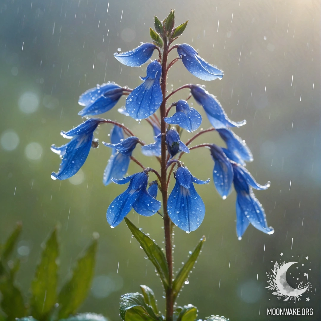 Нежный цветок лобелии в туманном дожде с солнечными лучами, пробивающимися сквозь облака.