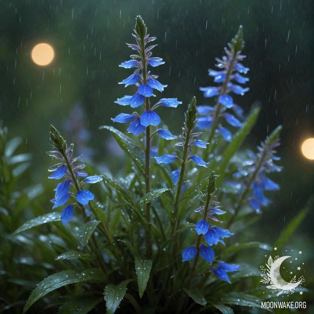 Спокойная лобелия, окруженная дымкой и дождем ночью.