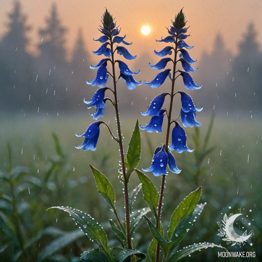 Нежные цветы лобелии мятного цвета в окружении тумана и дождя на закате.