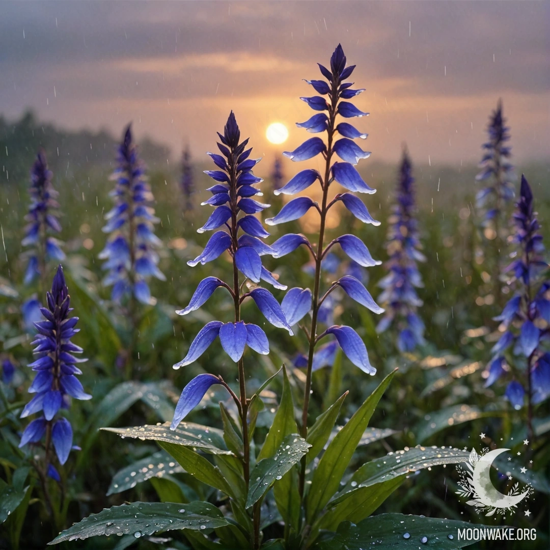 Красивая лобелия, окруженная туманом под нежным дождём, на фоне заката, отражающего цвета морской волны.