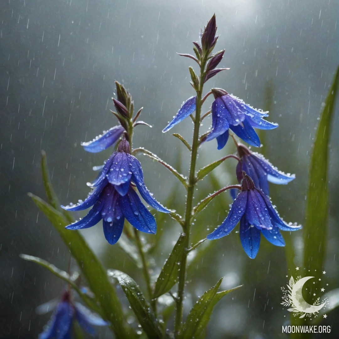 Спокойный вид на цветы лобелии, сверкающие под дождевыми каплями.