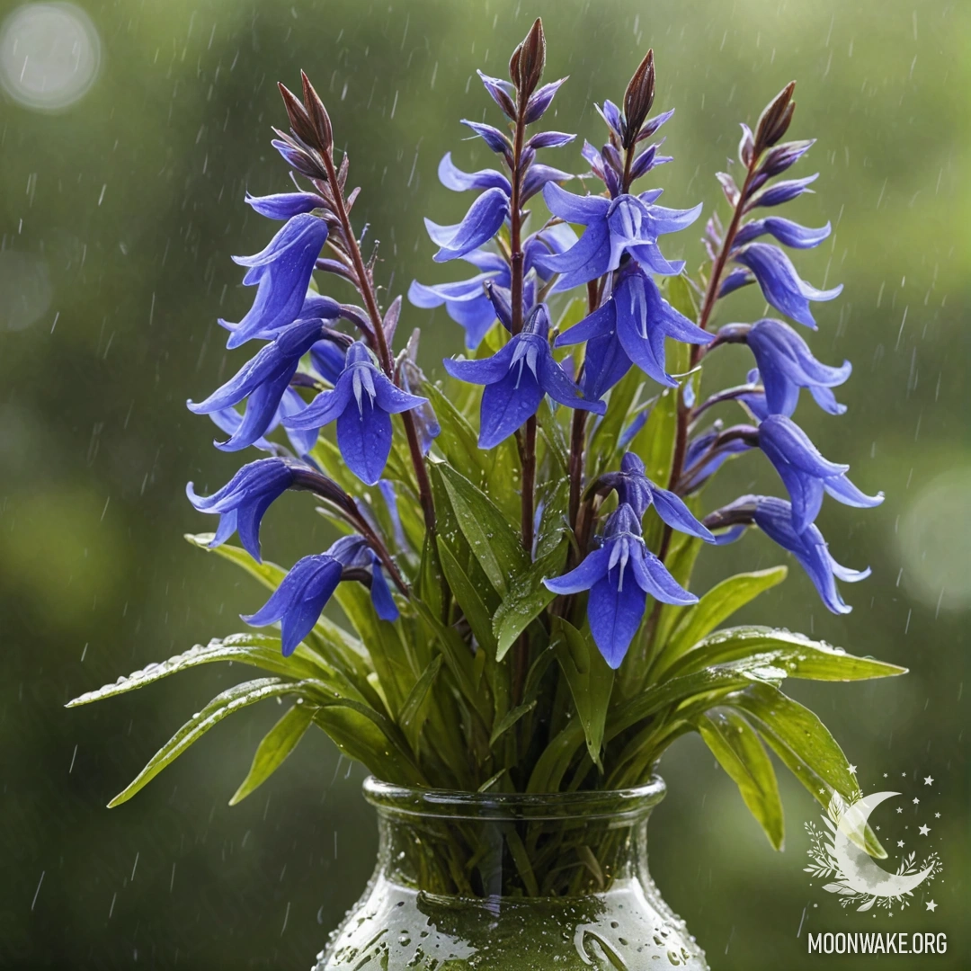 Нежное растение лобелии в вазе оливкового цвета, промокшее под дождем.