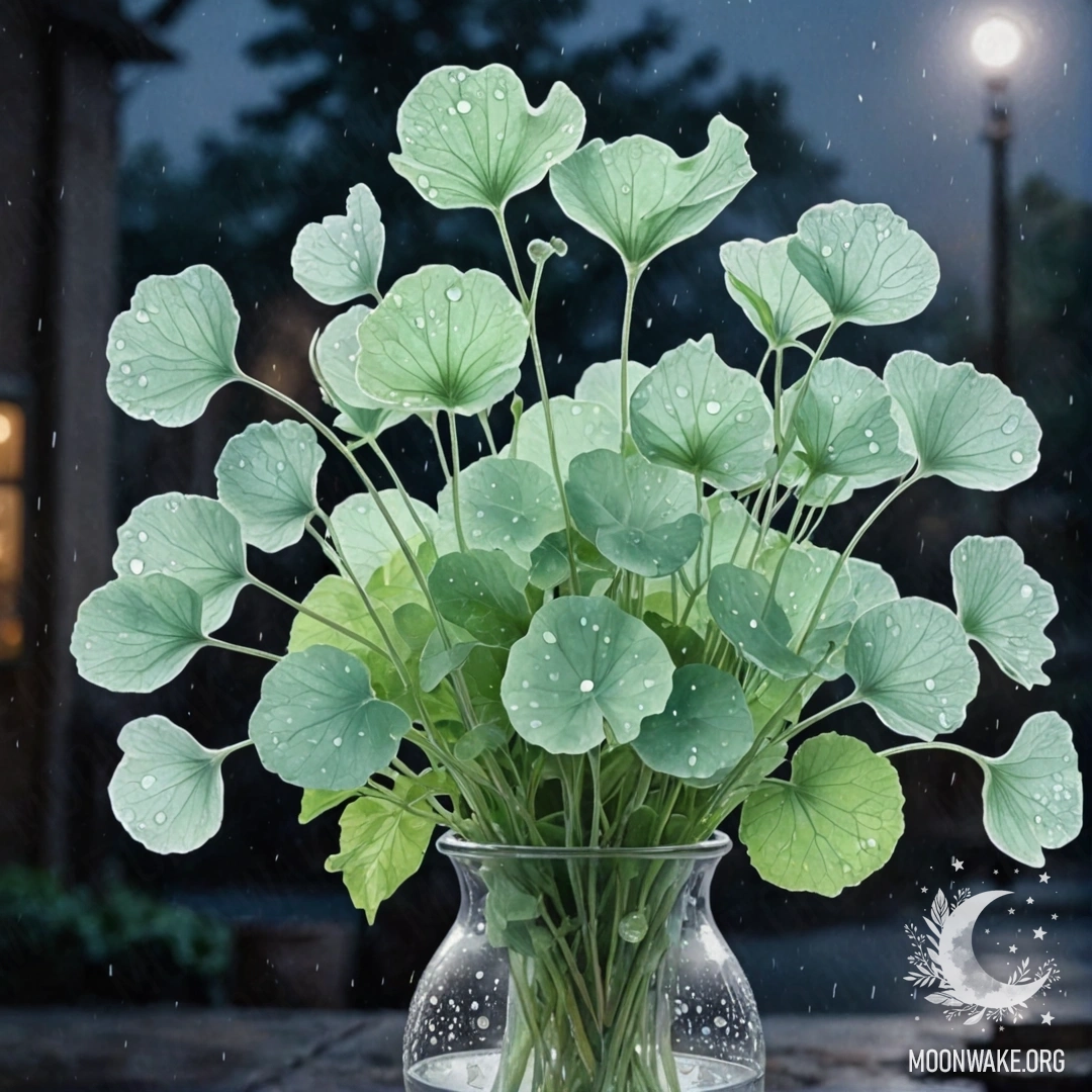 Красивая лунария в мятной вазе, окруженная туманом и дождем ночью.
