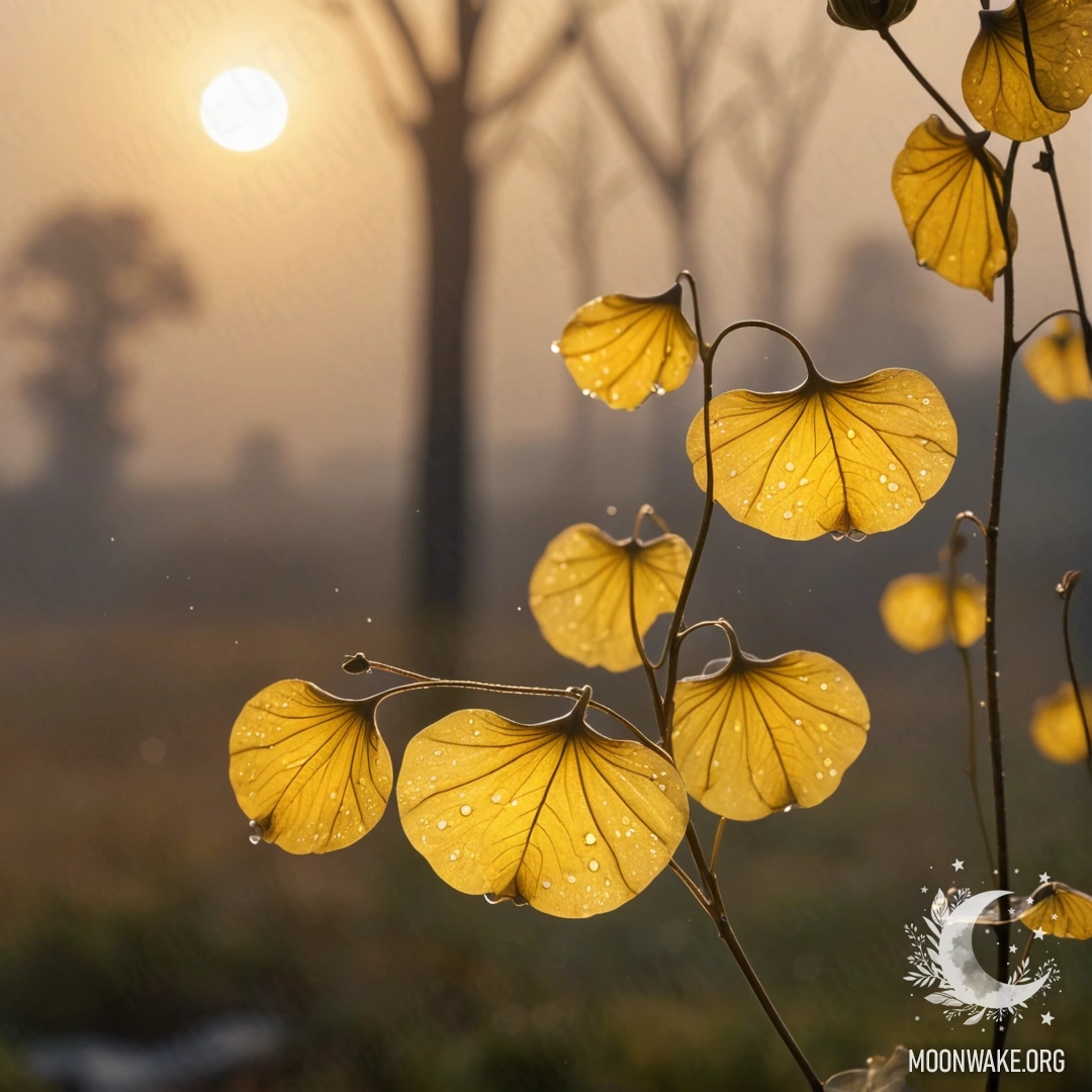 Минималистичное изображение цветков лунарии в тумане на закате, с каплями дождя и блестящими желтыми пайетками.