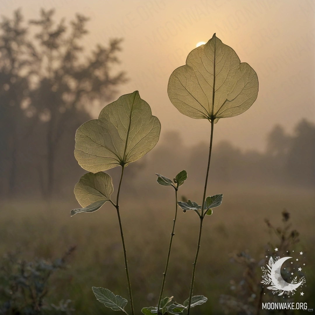 Тонкая лунария, окутанная туманом на фоне оливкового заката.