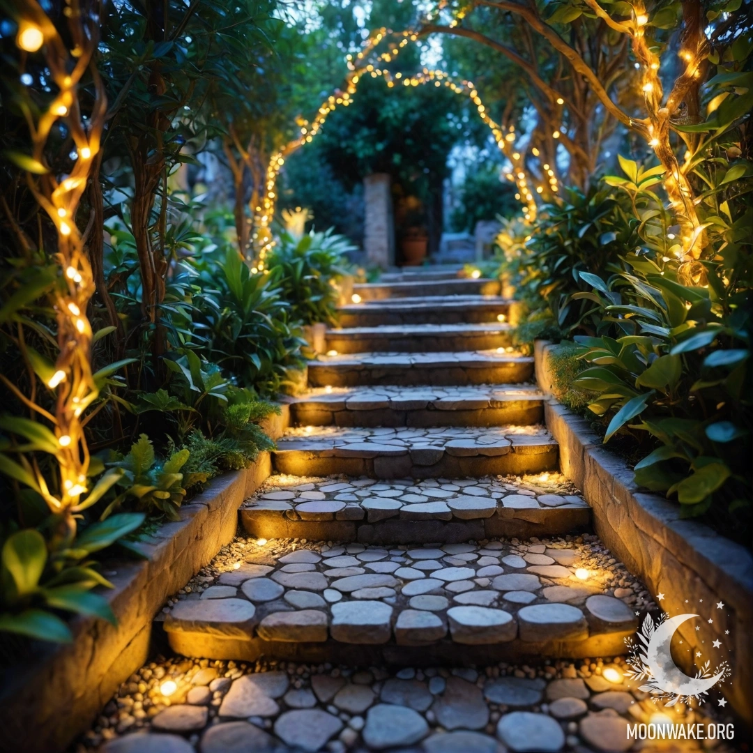 Красиво оформленная садовая тропинка с гирляндами огней и деревянной лестницей.