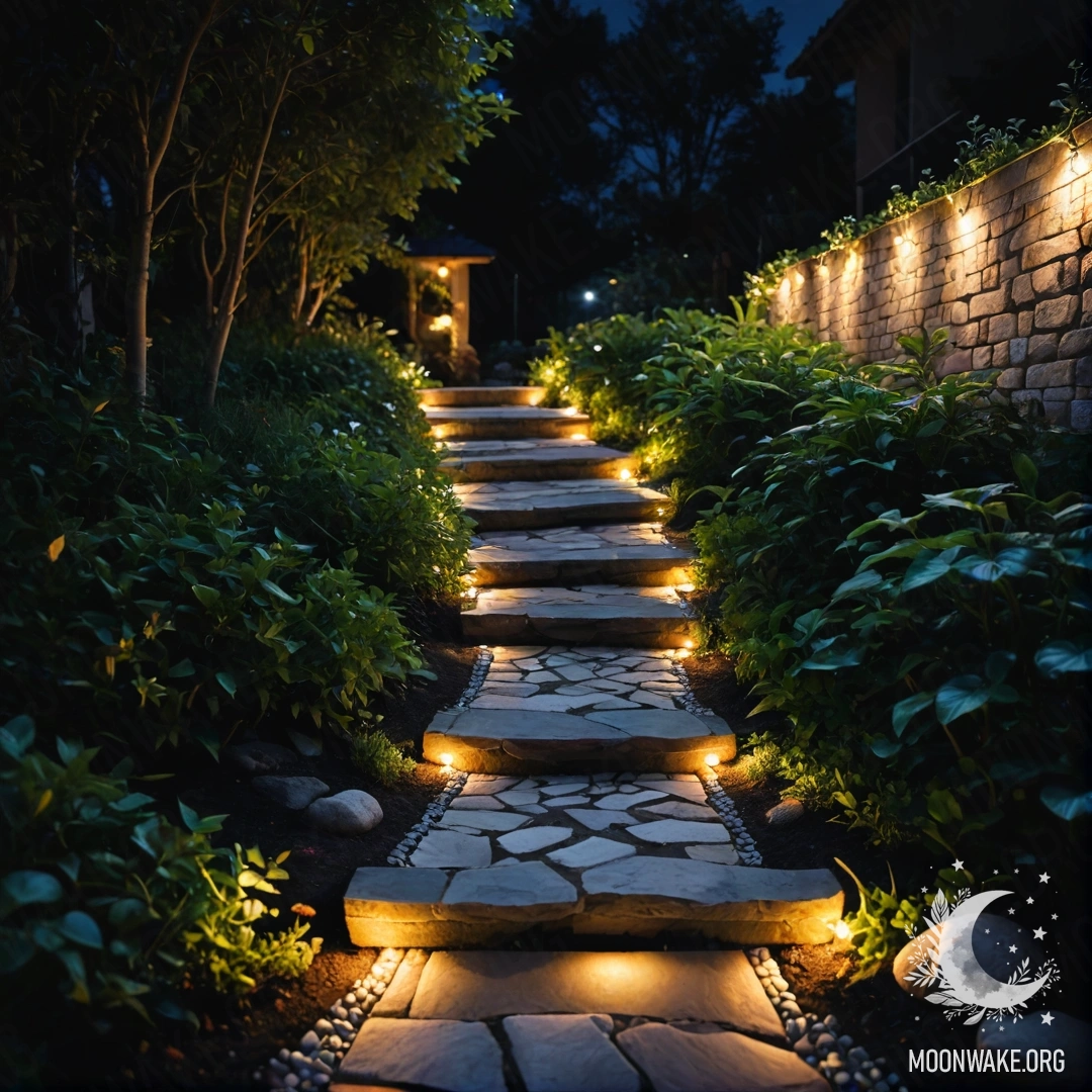 Красиво освещенная садовая дорожка с камнями и деревянной лестницей ночью, украшенная легкими гирляндами.