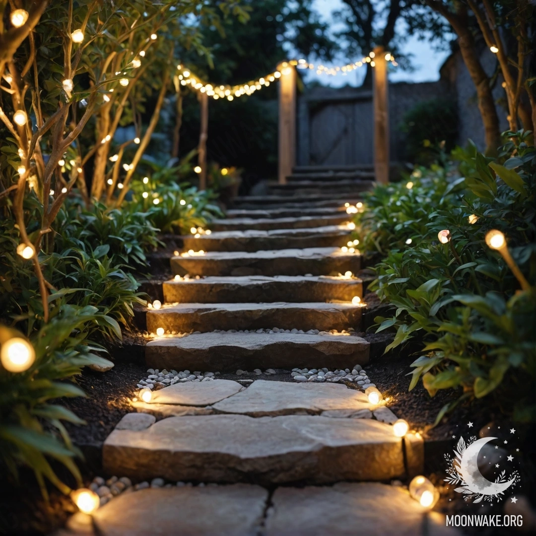 Ночной сад с огнями, каменной дорожкой и деревянной лестницей.
