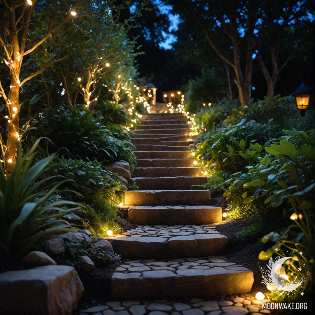 Красивый сад ночью, украшенный световыми гирляндами и каменной дорожкой.