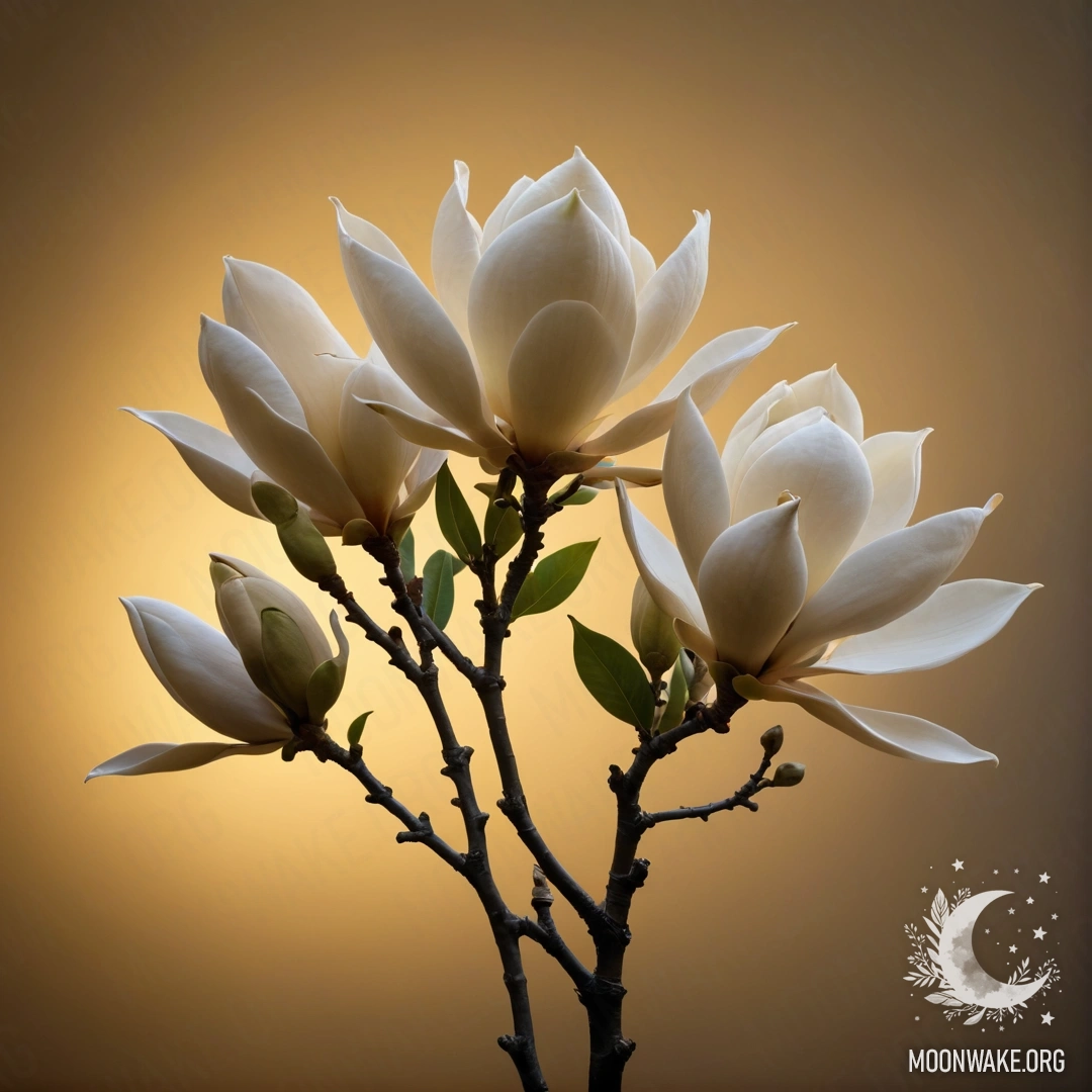 Букет золотых магнолий, окутанный туманом на фоне заката.