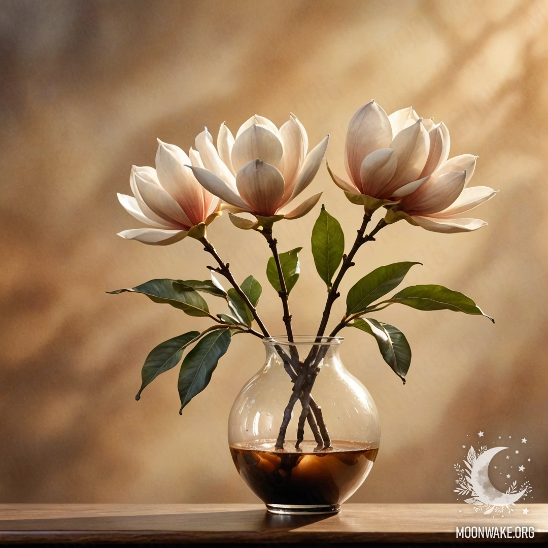 Акварельная картина с цветком магнолии в вазе кофейного цвета, окруженной туманом на закате.