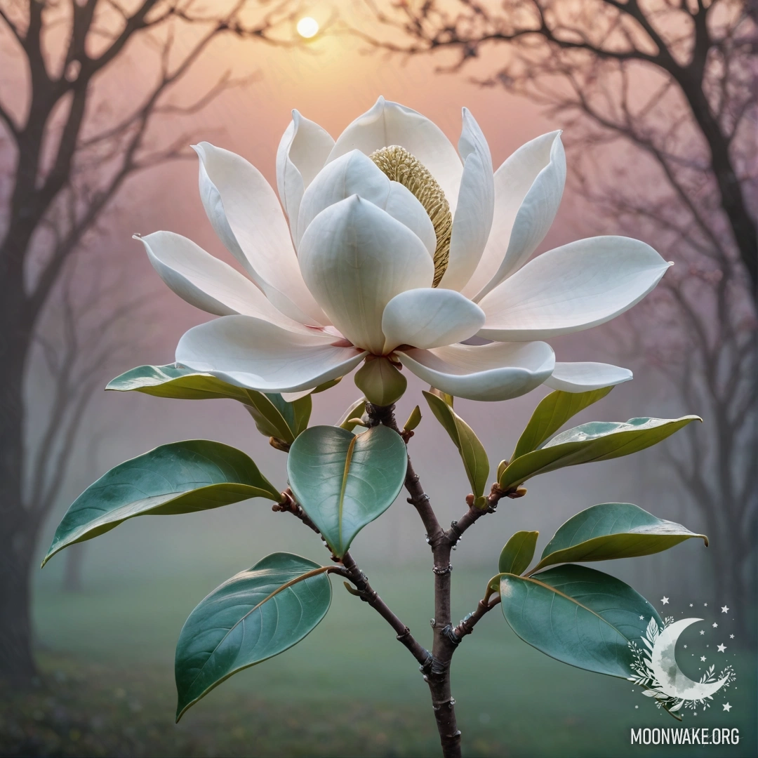 Прекрасная магнолия, окруженная туманом на закате, с блестками, отражающими мятные оттенки.
