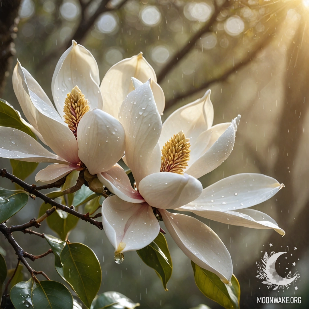 Спокойная магнолия, окутанная туманом, под дождем и сверкающими золотыми бриллиантами.