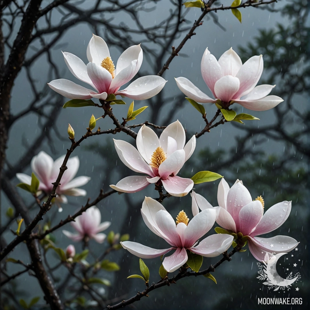 Красивое дерево магнолии, окруженное туманом и дождем ночью.