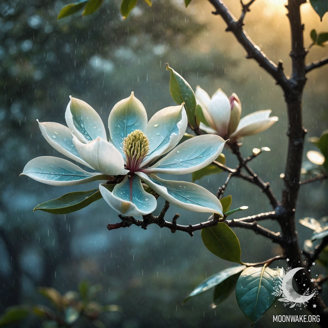 Красивая магнолия в тумане под дождем на закате.