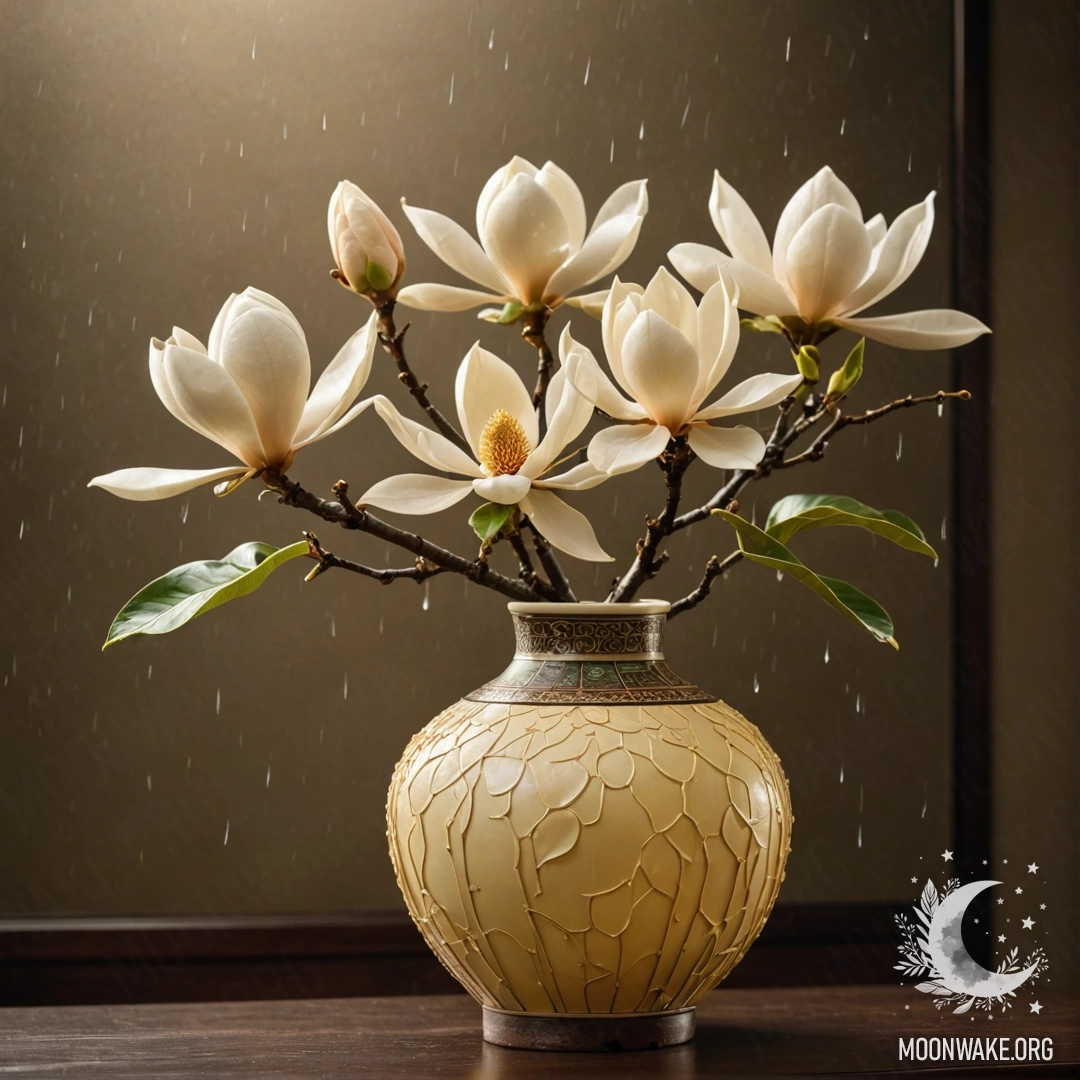 Красивая магнолия в кремово-желтой вазе, окруженная туманом и дождем в ночное время.