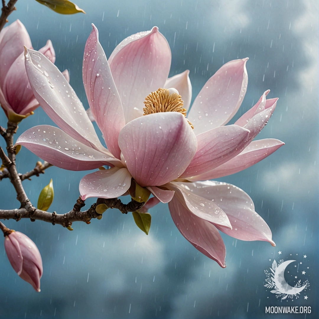 Спокойное дерево магнолии с каплями дождя, сверкающими стразами и солнечными лучами.